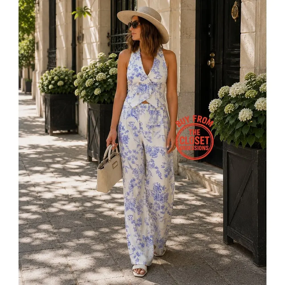 Mango NWT Blue White Linen Blend Halter Vest Wide Leg Pants Set L
